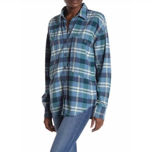 FREE PEOPLE NWT Button Up Plaid Blue Blouse Top Shirt – Small - Picture 3 of 15